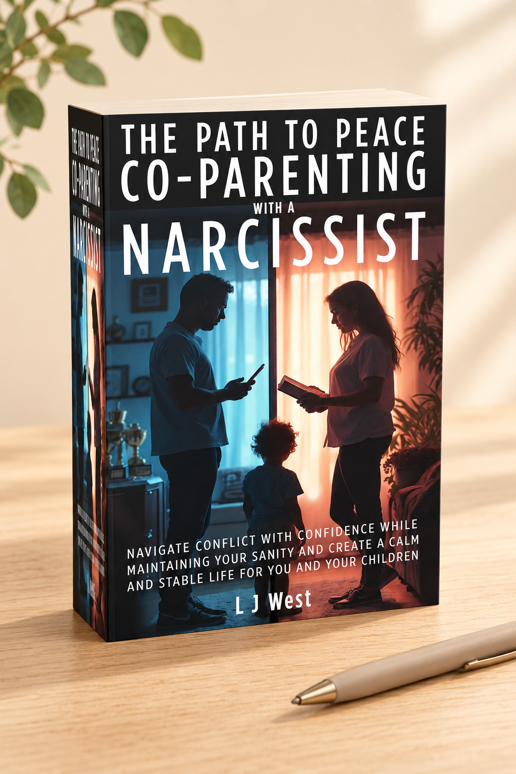 Paperback, tablet, and smartphone displaying Path to Peace: Co-Parenting with a Narcissist by L. J. West on a light-oak table.
