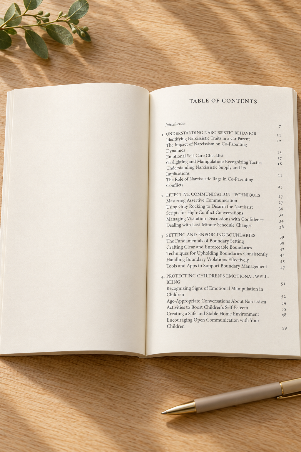 Open The Path to Peace paperback displaying the table of contents on a light oak table with subtle greenery and a neutral pen.