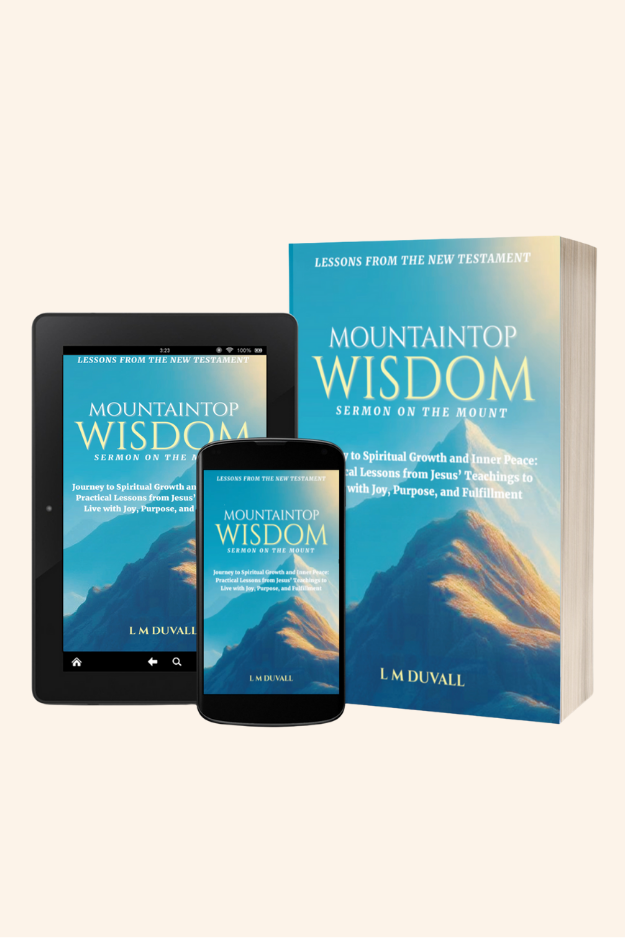 Paperback, tablet, and smartphone displaying "Mountaintop Wisdom: Sermon on the Mount" by L. M. Duvall.