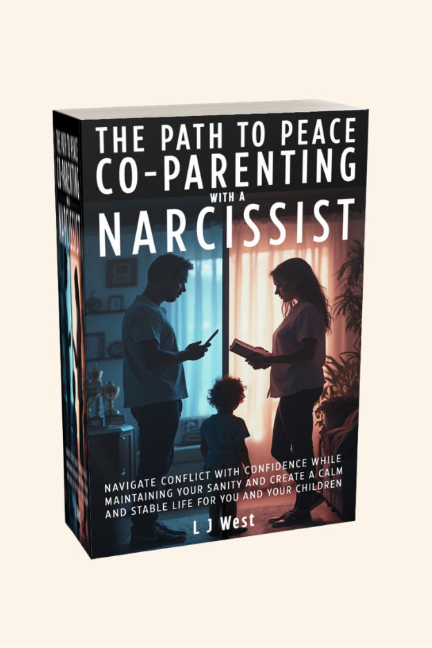 Book cover of The Path to Peace: Co-Parenting with a Narcissist by L J West, showing two adults standing apart with a child between them, symbolizing co-parenting conflict and healing.