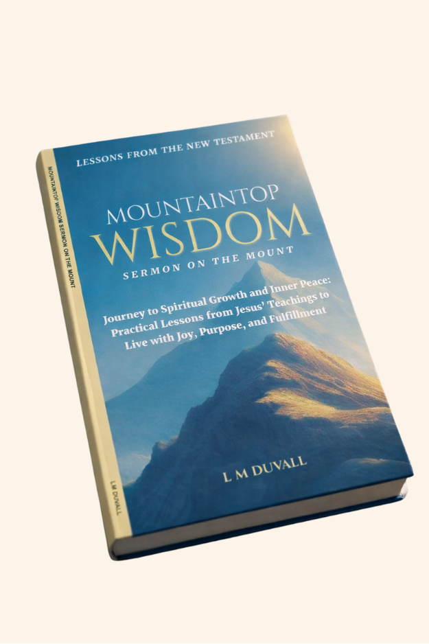 “Mountaintop Wisdom: Sermon on the Mount" Bible study book shown in a three-quarter view on a soft off-white background.