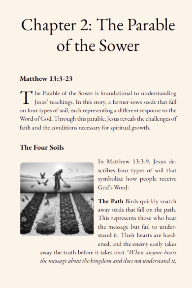 Chapter 2 page titled “The Parable of the Sower” from a Christian devotional book, featuring Matthew 13:3–23, an explanation of the four soils, and a black-and-white illustration of a farmer sowing seeds.