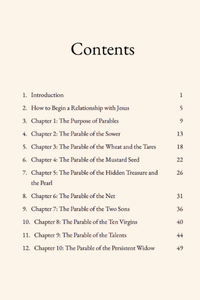 Table of contents page from Parables of Jesus: Hidden Truths for the Faithful, listing chapters and parables included in the Bible study.