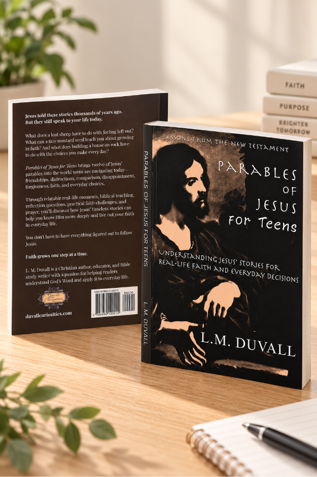 3-D paperback edition of Parables of Jesus for Teens by L. M. Duvall displayed on a warm wooden study desk.