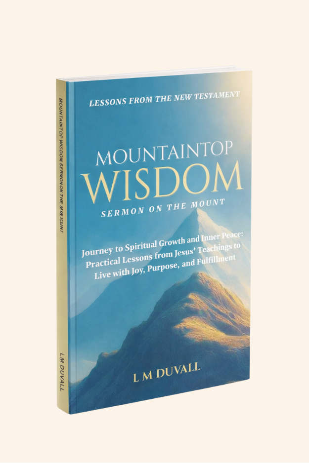 Christian Bible study book “Mountaintop Wisdom: Sermon on the Mount” by L. M. Duvall with a serene mountain landscape in blue and gold tones.