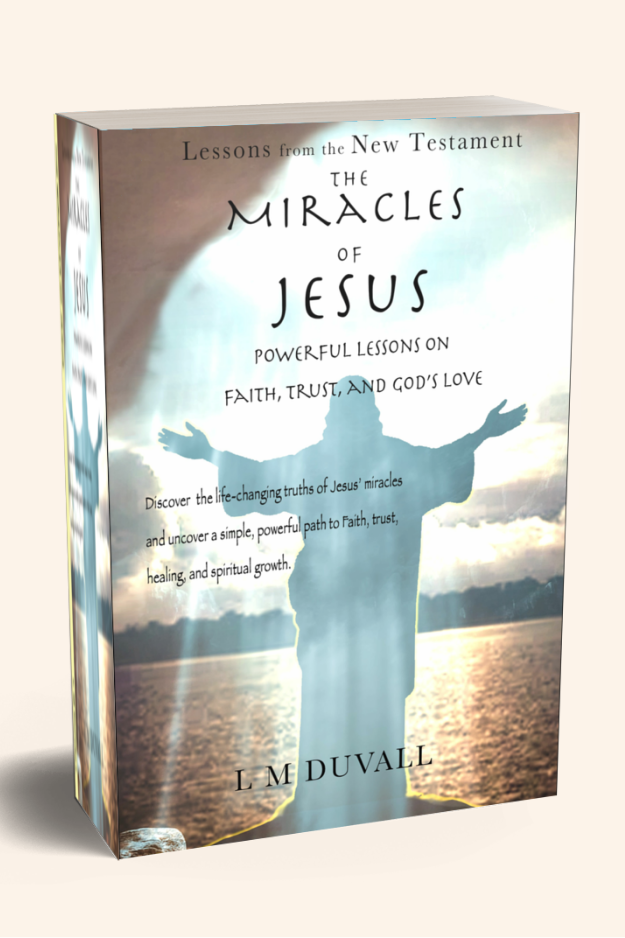 3D mockup of The Miracles of Jesus: Powerful Lessons on Faith, Trust, and God’s Love by L. M. Duvall, showing a peaceful silhouette of Jesus standing with arms raised.