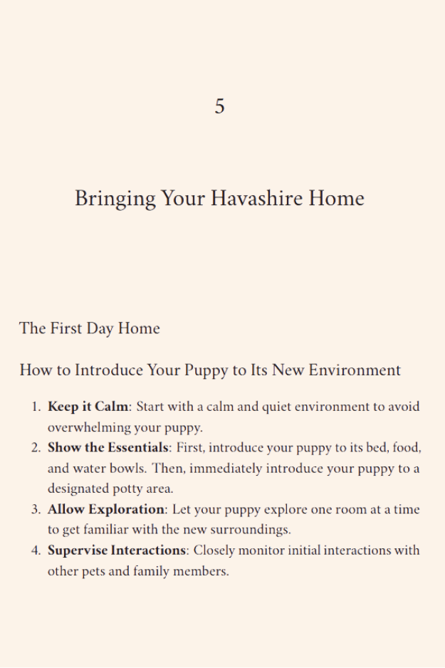 Interior page from Raising and Loving a Havashire Designer Dog offering step-by-step guidance for bringing a puppy home.