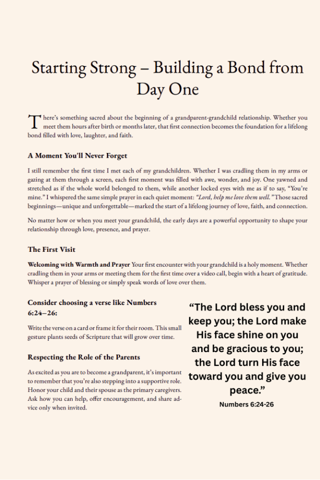 Christian grandparenting guide chapter page about building a strong bond with grandchildren through love, prayer, and faith from the beginning.