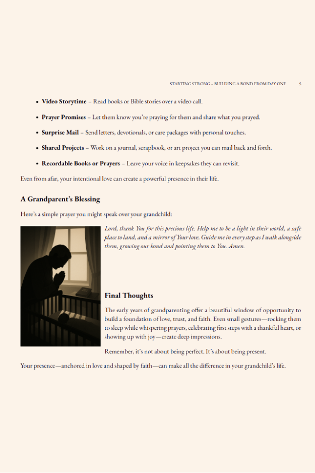 Christian grandparenting guide page with practical ideas, a blessing prayer, and encouragement to build faith-filled connections with grandchildren.