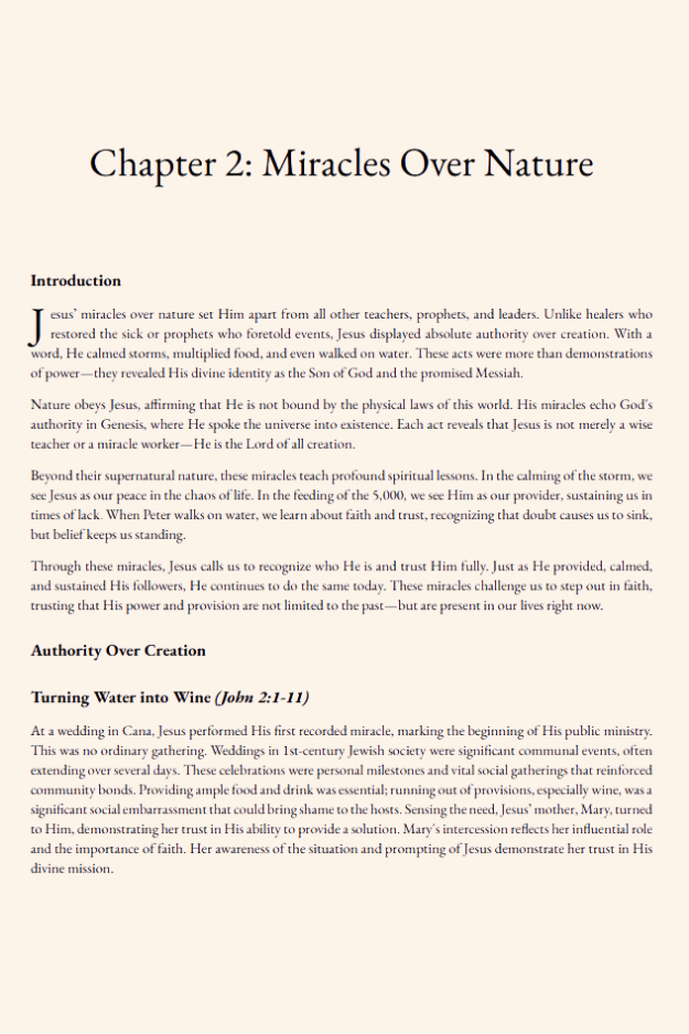 Chapter 2 opening page from Miracles of Jesus, introducing miracles over nature with Scripture-based teaching and application.