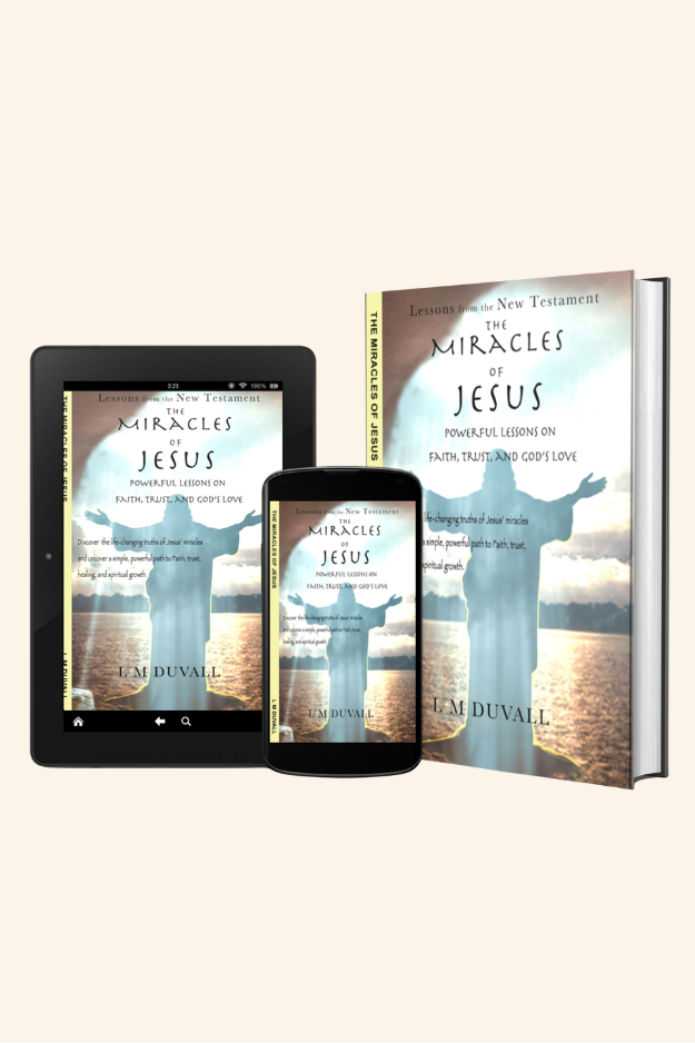 Digital mockup showing The Miracles of Jesus: Powerful Lessons on Faith, Trust, and God’s Love by L. M. Duvall on multiple devices, with a peaceful silhouette of Jesus standing with arms raised over water and light.
