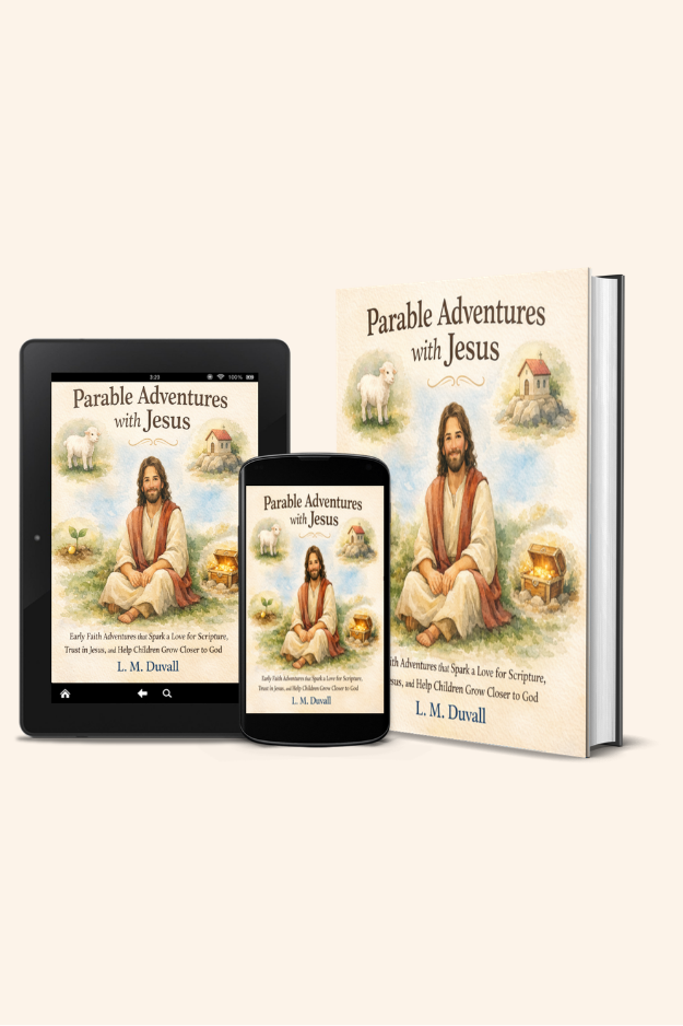 Book titled 'Parable Adventures with Jesus' and digital version on a tablet and phone.