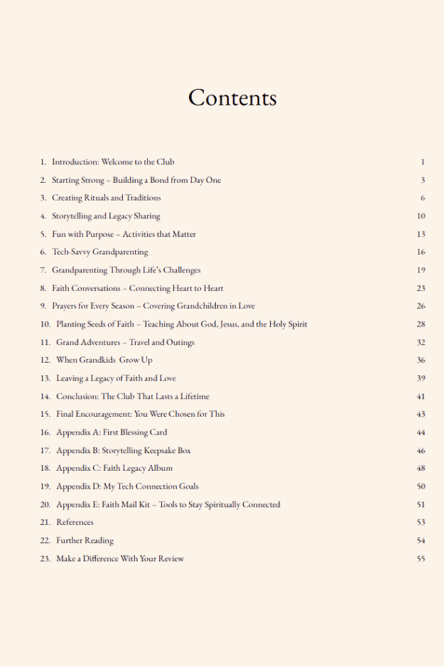 Table of contents page from a Christian grandparenting guide outlining chapters on building relationships, faith conversations, traditions, and legacy.