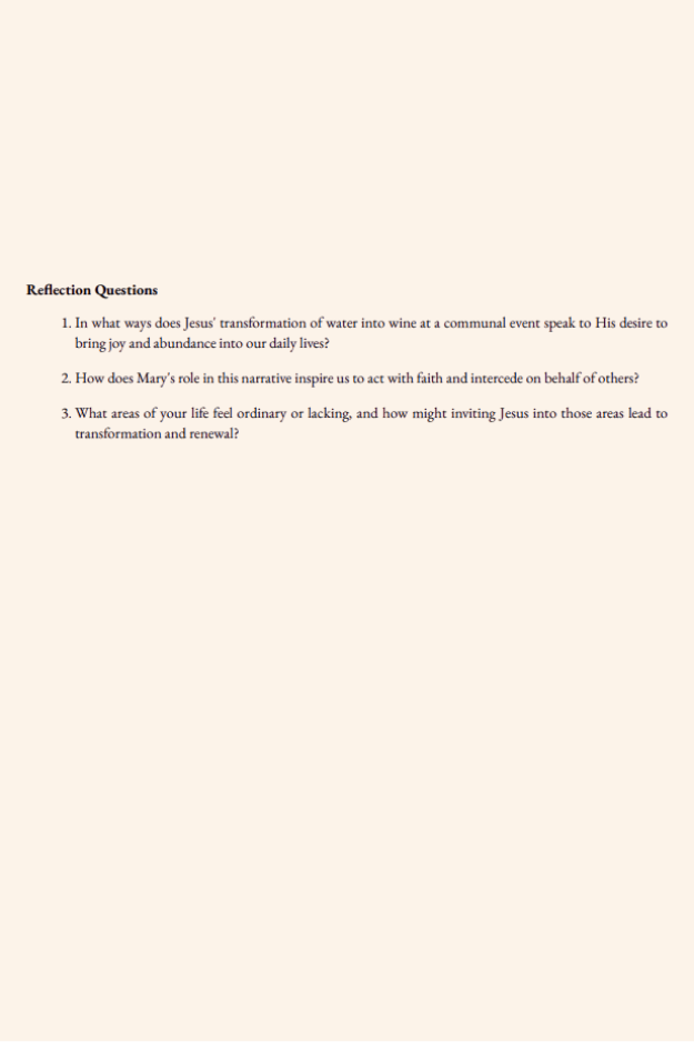 Reflection questions page from Miracles of Jesus, inviting readers to apply the miracle of turning water into wine to everyday faith.