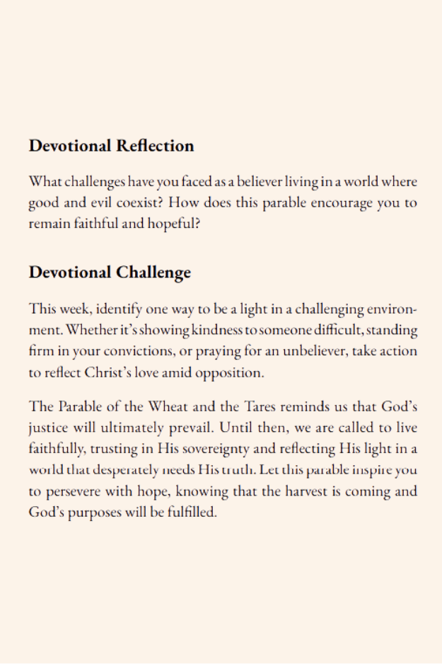 Devotional reflection and challenge page encouraging believers to stay faithful, show kindness, and reflect Christ’s love in a world where good and evil coexist.