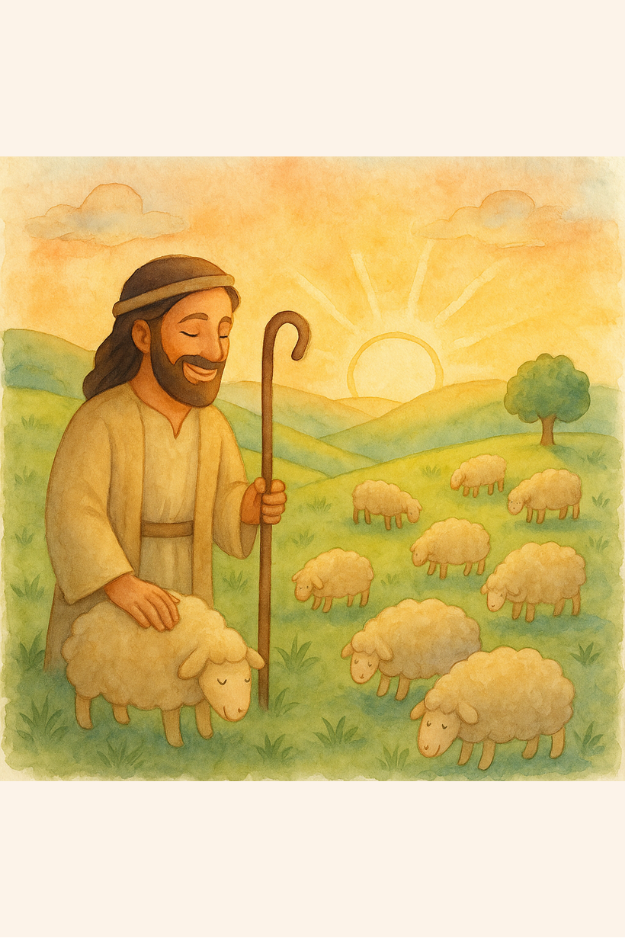 Illustration from Parable Adventures with Jesus showing Jesus as a shepherd caring for sheep in a peaceful hillside setting.