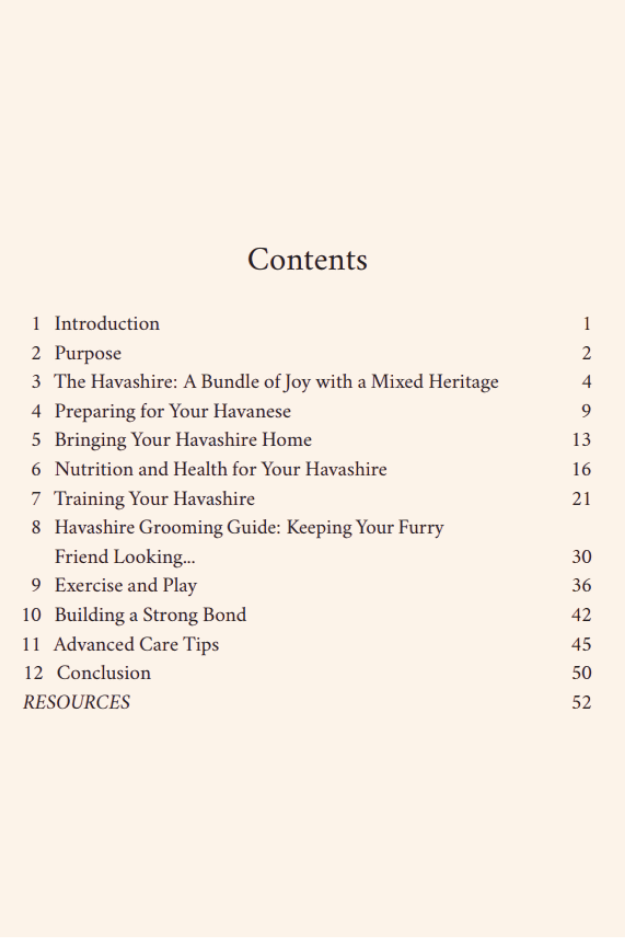 Table of contents page from Raising and Loving a Havashire Designer Dog, outlining topics on care, training, grooming, health, and bonding.