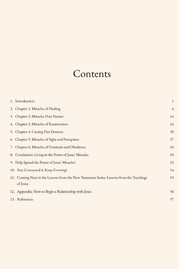 Table of contents page from a Christian Bible study on the miracles of Jesus, outlining chapters, themes, and Scripture-based lessons.
