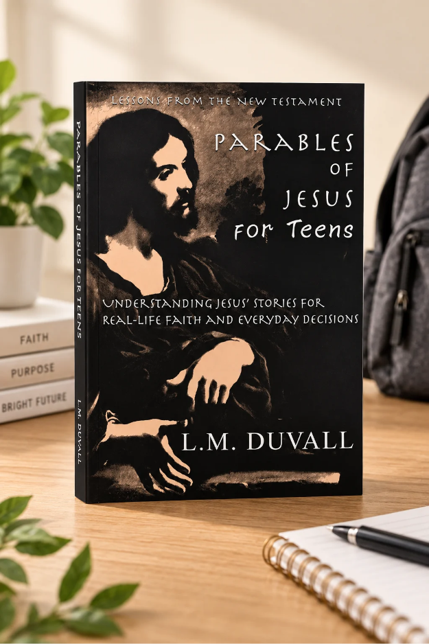 Parables of Jesus for Teens Christian Bible study book by L. M. Duvall displayed on a teen study desk.