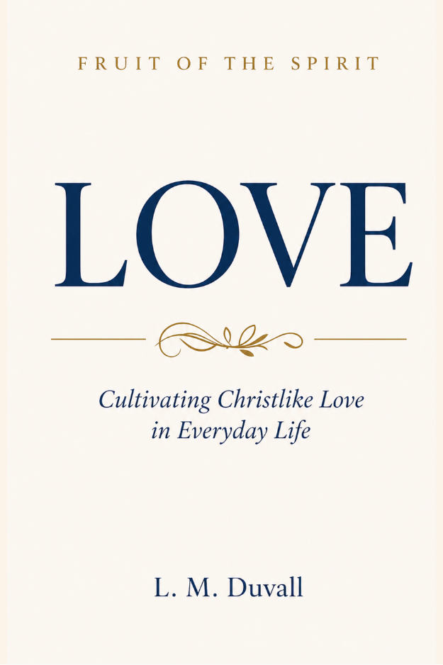 Cover of Fruit of the Spirit: LOVE by L. M. Duvall featuring navy blue typography, gold decorative flourish accents, and the subtitle Cultivating Christlike Love in Everyday Life on a soft cream background.