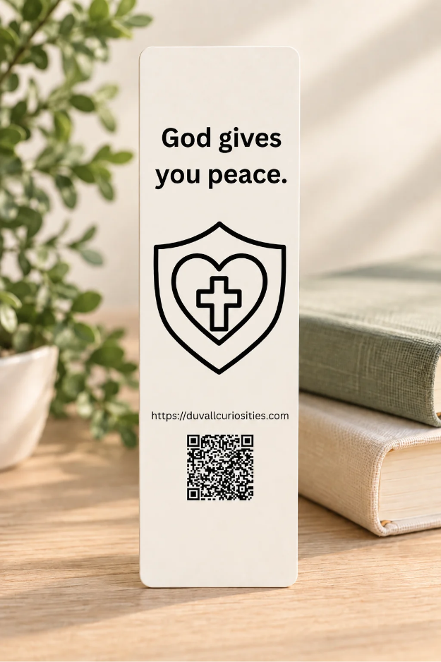 Back of Psalm 29:11 Christian bookmark with “God gives you peace,” heart and cross shield design, and Duvall Curiosities QR code.