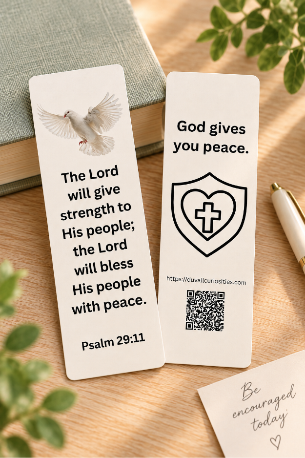 Front and back of Psalm 29:11 Christian bookmark featuring a white dove, Scripture about strength and peace, and “God gives you peace” message.