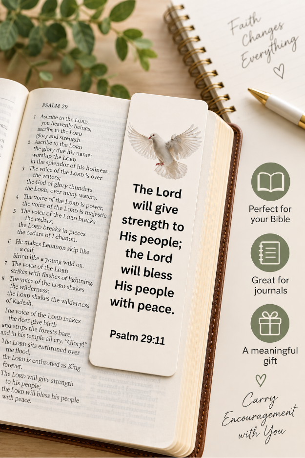 Psalm 29:11 Christian bookmark displayed in a Bible with Scripture about God’s strength and peace, ideal for Bible reading, journals, and gifts.