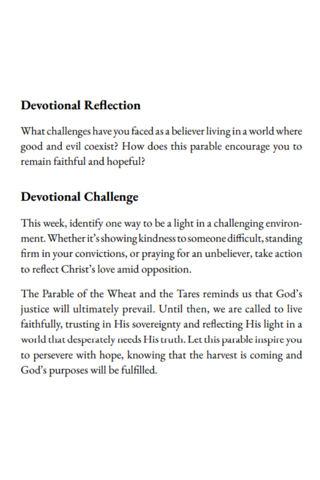 Devotional reflection and challenge page from Parables of Jesus, encouraging personal application of the parable of the Wheat and the Tares.