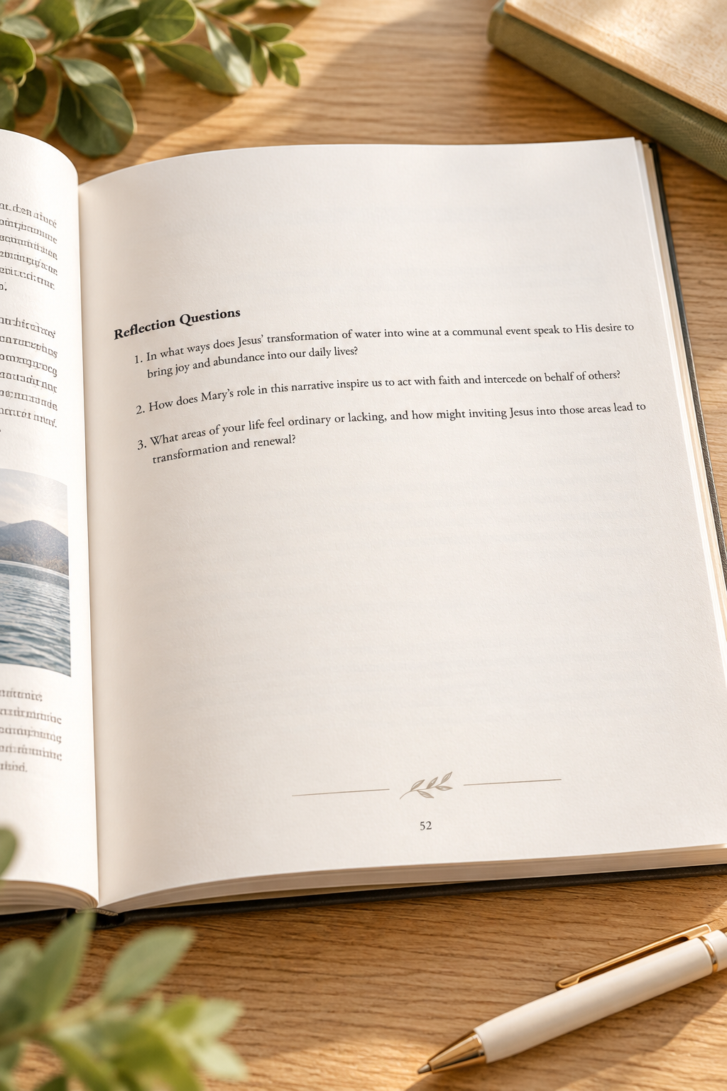 Open Miracles of Jesus Bible study showing reflection questions about Jesus turning water into wine, styled on a warm wooden table.