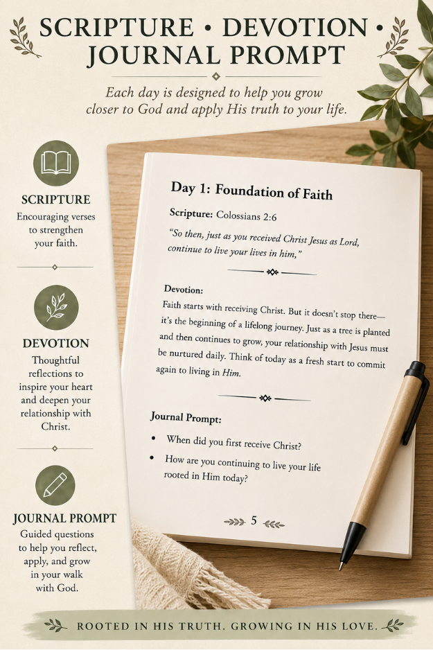 Anchored in Christ devotional Day 1 page featuring Colossians 2:6, a Scripture-based devotion, and guided journal prompts for personal reflection.