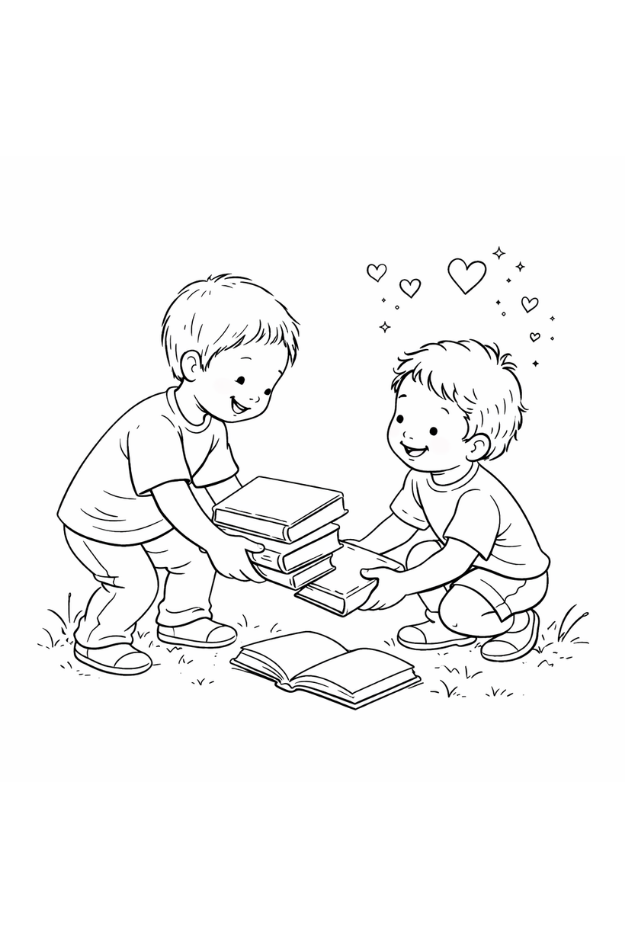 Black-and-white coloring page showing two children sharing books, illustrating kindness and helping others.