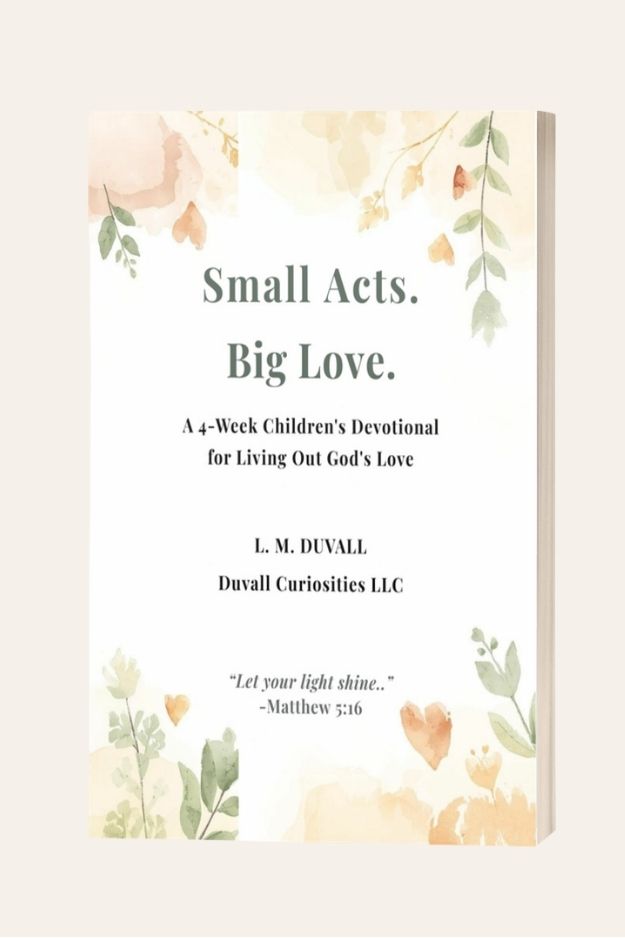 Book cover with 'Small Acts. Big Love.' text and heart designs on a soft background