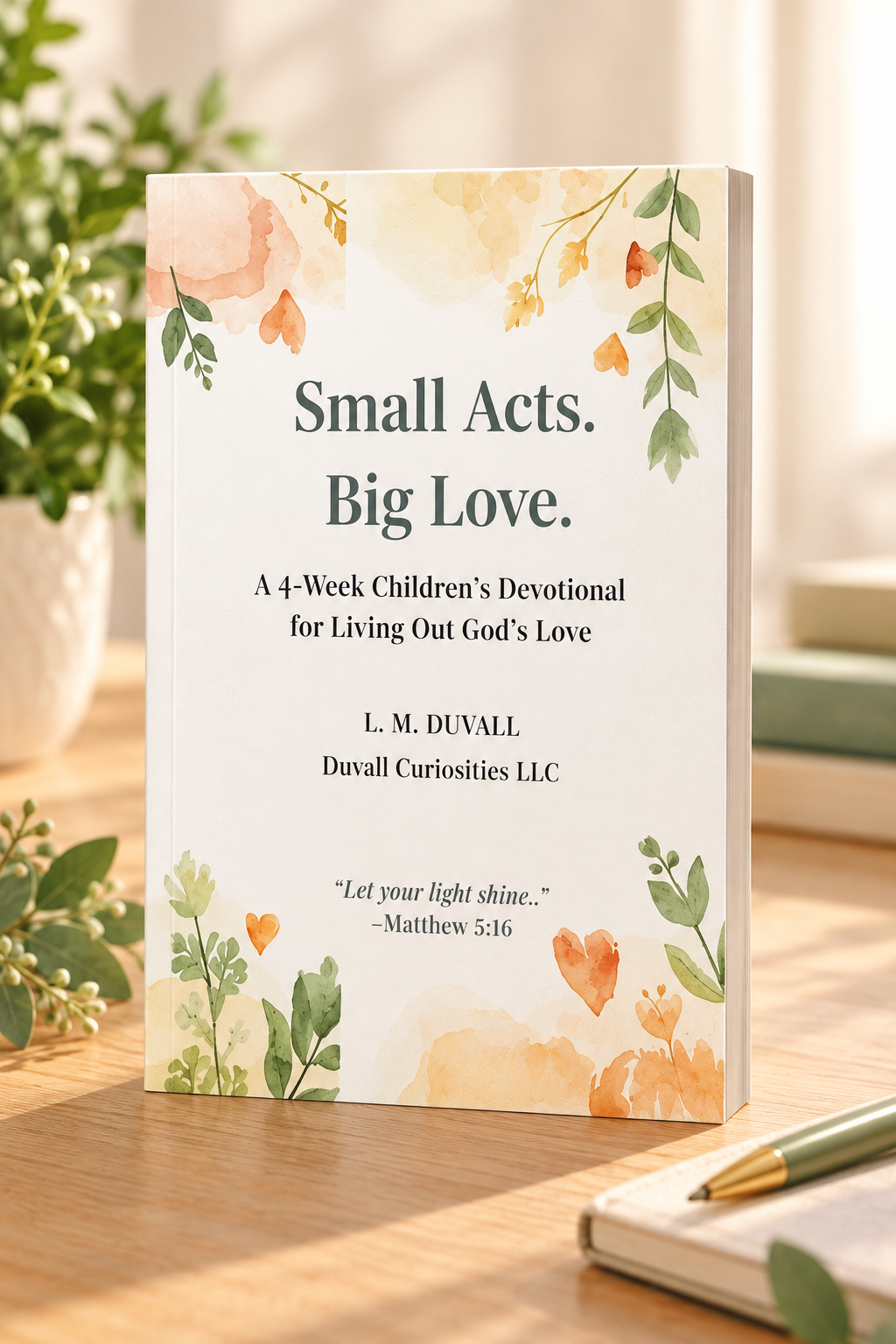 Small Acts, Big Love 4-Week Children’s Christian Devotional by L. M. Duvall, featuring a soft watercolor floral paperback cover displayed on a light natural-oak tabletop with greenery, a journal, and warm natural lighting.