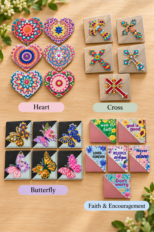 Colorful diamond art corner bookmarks displayed on a light oak surface in four styles: Heart, Cross, Butterfly, and Faith & Encouragement, featuring sparkling designs and inspirational messages.