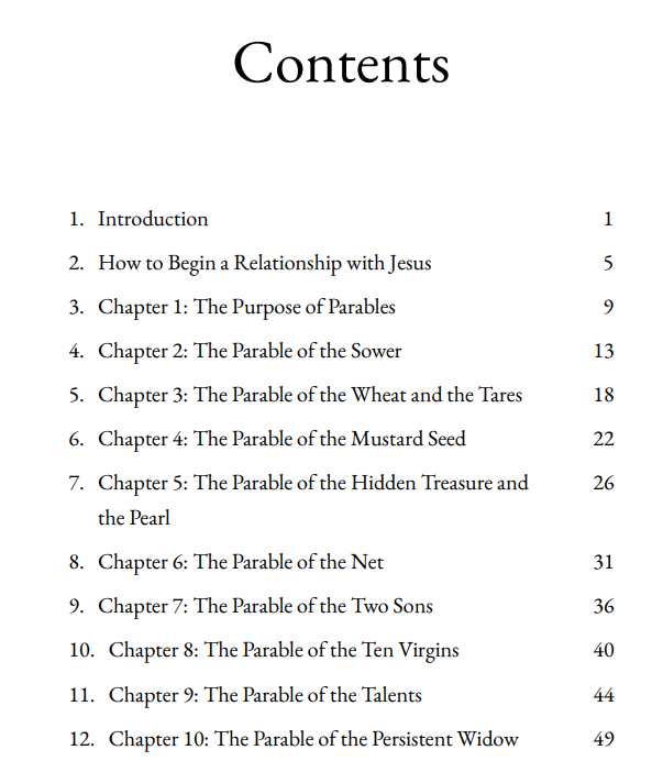 Table of contents page from Parables of Jesus: Hidden Truths for the Faithful, listing chapters and parables included in the Bible study.