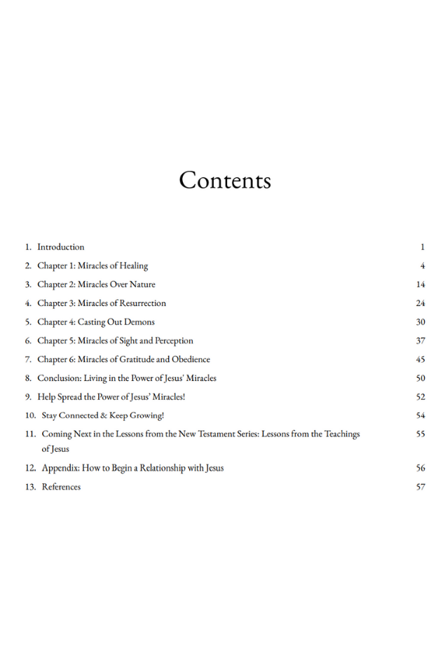 Table of contents page from Miracles of Jesus, outlining chapters focused on Jesus’ healing, power, and works throughout the Gospels.