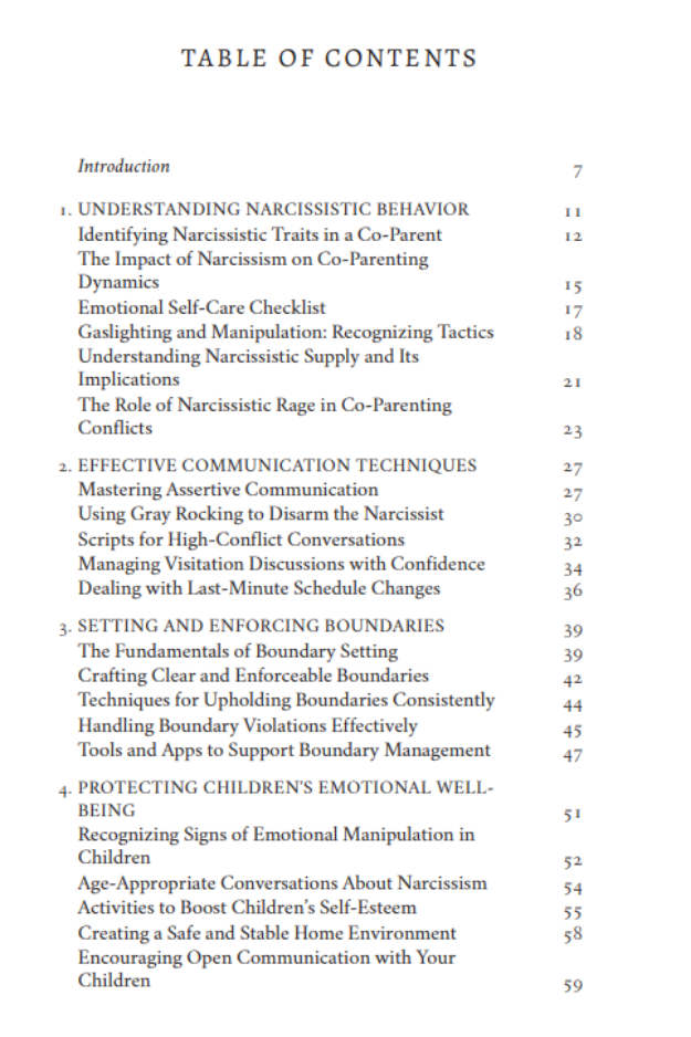 Table of contents page from Path to Peace: Co-Parenting with a Narcissist, outlining structured guidance on communication, boundaries, and supporting children’s emotional well-being.