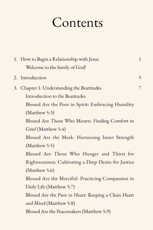 Table of contents page from Mountaintop Wisdom: Sermon on the Mount, outlining chapters and Beatitudes from Matthew 5.