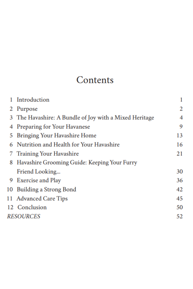 Table of contents page from Raising and Loving a Havashire Designer Dog, outlining topics on care, training, grooming, health, and bonding.