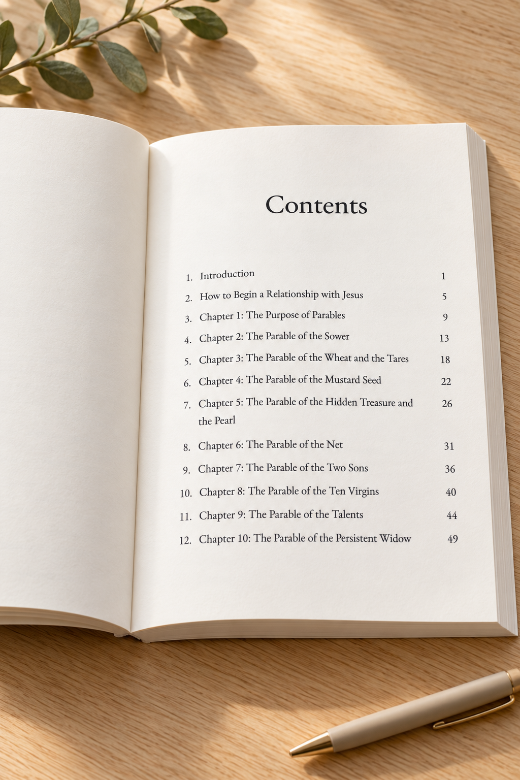 Open paperback of The Parables of Jesus displaying the table of contents on a light oak table with subtle greenery and a neutral pen.
