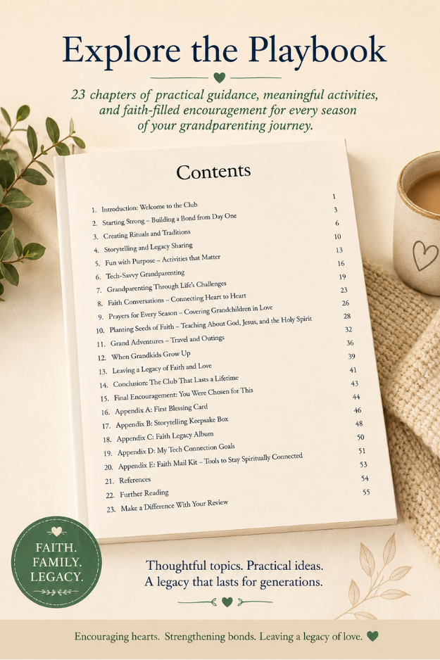Table of contents for The Grandparent Club Playbook by L. M. Duvall, featuring chapters on faith, family traditions, activities, prayer, and grandparenting.