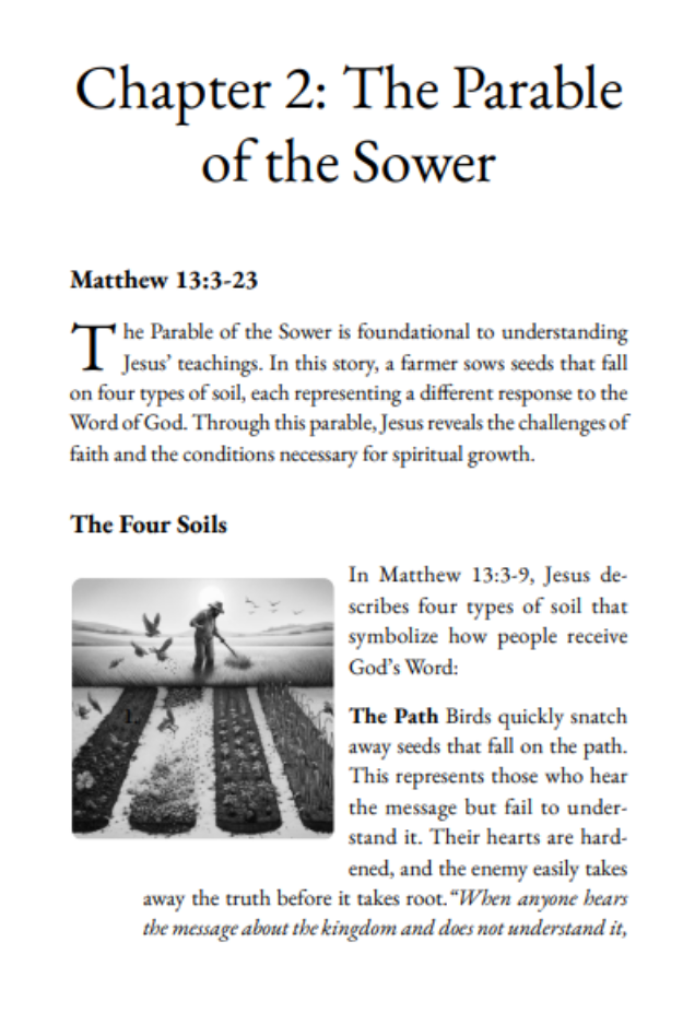 Chapter 2 opening page from Parables of Jesus, introducing the Parable of the Sower with Scripture-based teaching and a black-and-white illustration.