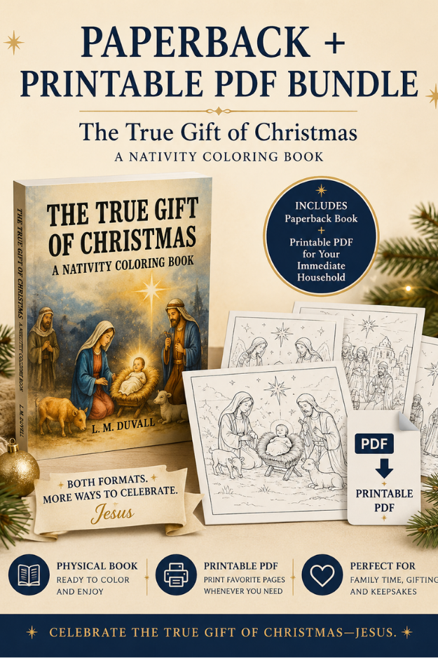 The True Gift of Christmas paperback and printable PDF bundle with Nativity coloring pages, a Christian Christmas activity for kids and families.