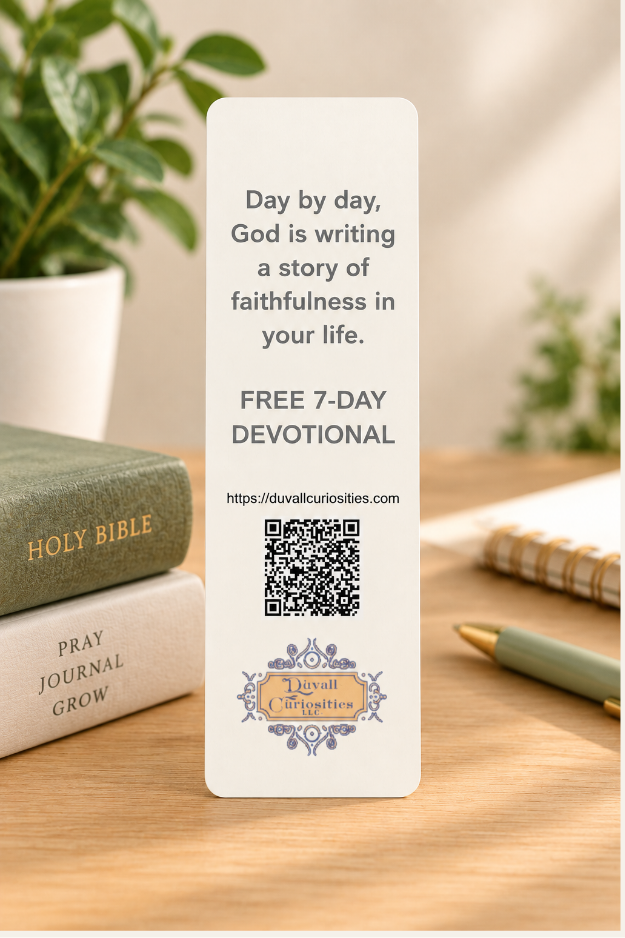 Back of Trust in the Lord Christian bookmark featuring an encouraging faithfulness message, free 7-day devotional, and QR code.