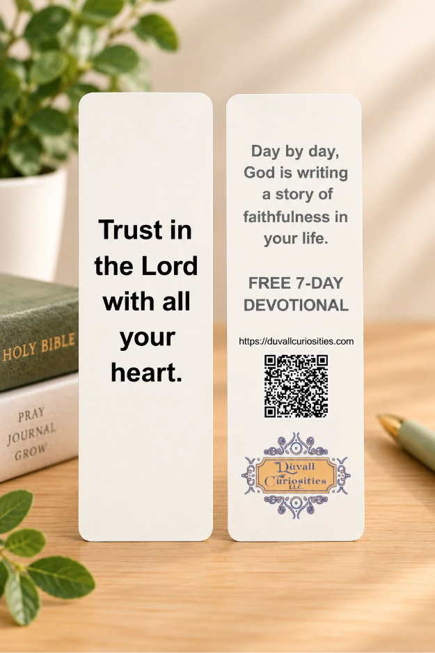Front and back of Trust in the Lord Christian bookmark featuring a Proverbs 3:5-inspired message and free 7-day devotional QR code.
