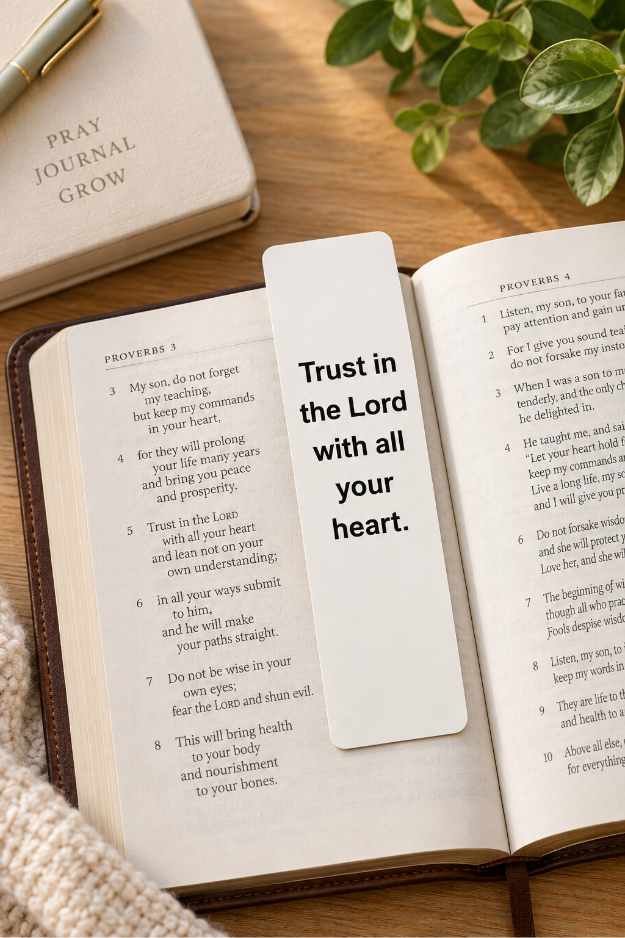 Trust in the Lord Christian bookmark inspired by Proverbs 3:5, displayed in an open Bible with a prayer journal and greenery.