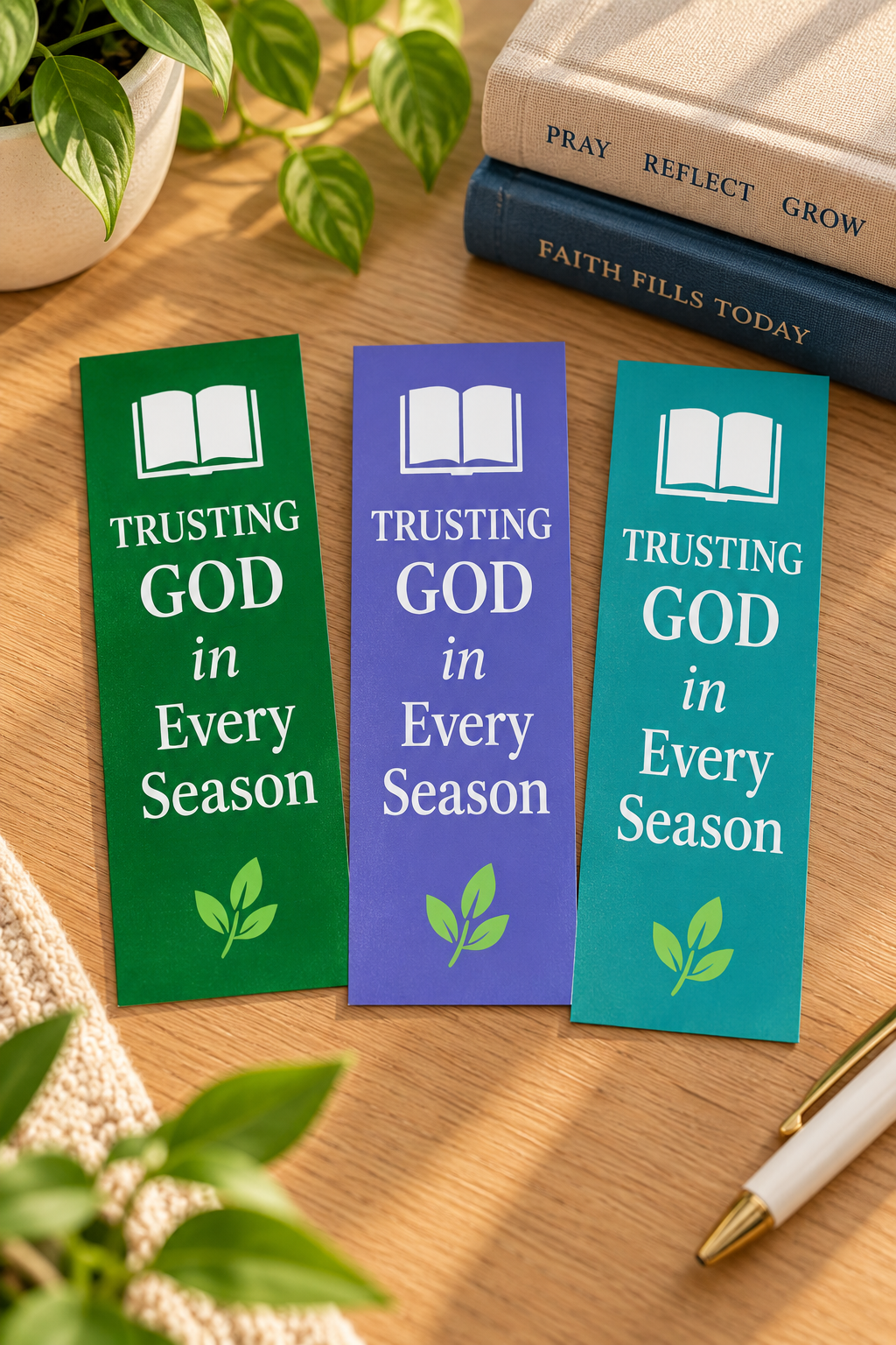 Trusting God in Every Season Christian bookmarks in green, purple, and teal displayed together on a warm wooden table.