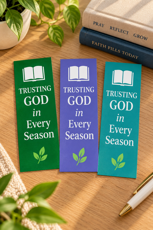 Trusting God in Every Season Christian bookmarks in green, purple, and teal displayed together on a warm wooden table.