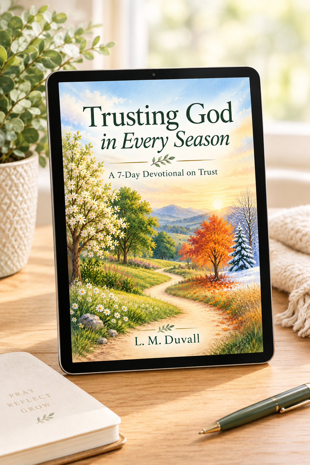 Trusting God in Every Season, a free 7-day Christian devotional by L. M. Duvall, displayed on a tablet with a four-season landscape cover, greenery, reflection journal, and pen on a sunlit wooden table.