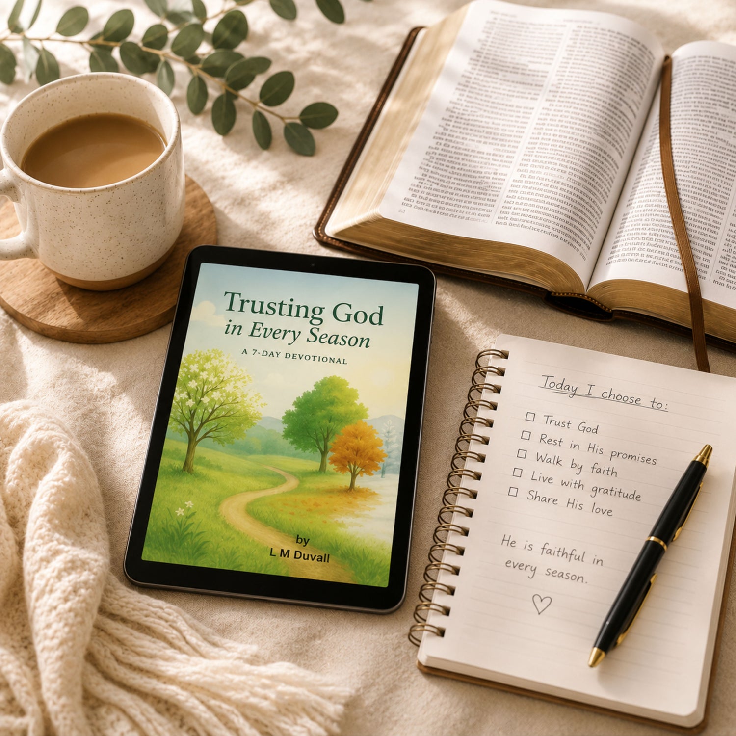 Tablet displaying the free "Trusting God in Every Season" 7-day devotional beside an open Bible, journal, coffee mug, and pen in a peaceful devotional setting.